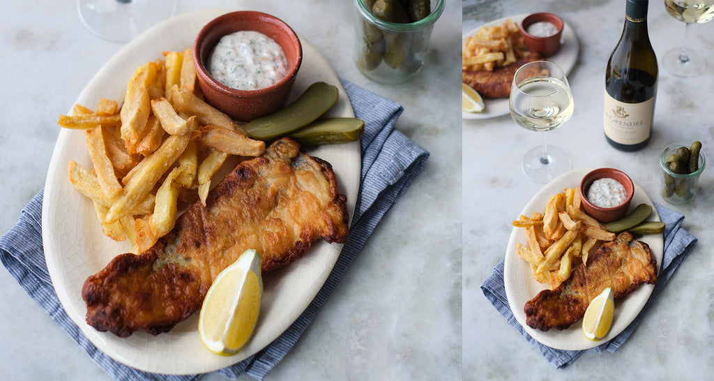 Cider Batter Fish and Chips paired with De Grendel Sauvignon Blanc