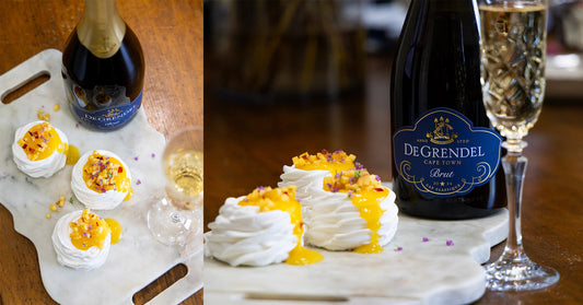 Spring Pavlova with Stone Fruit & De Grendel Cap Classique Brut